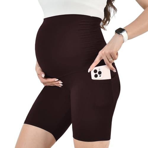 Leafigure Maternity Shorts with Pockets Over The Belly for Women, High Waisted Soft Pregnancy Yoga Pants Brown M - Image 1