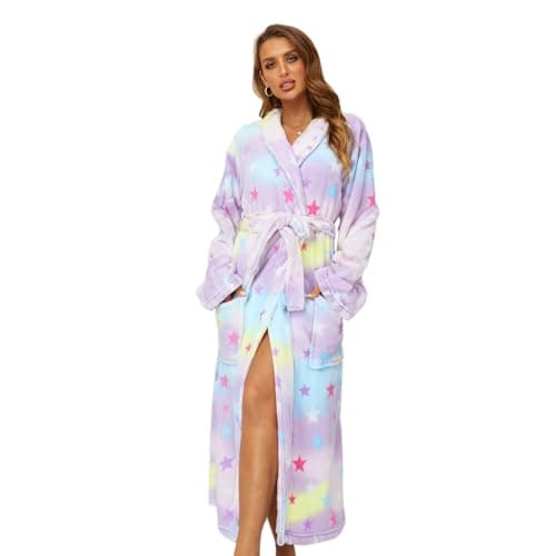 RONGTAI Womens Bathrobe Ladies Fleece Plush Warm Long Robes (X-Large,Star) - Image 1