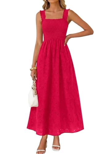 KIRUNDO Summer Lace Dress Vacation Outfits for Women 2026 Wedding Guest Dresses Maxi Beach Boho Sleeveless Cotton Sundress (Red, X-Large) - Image 1