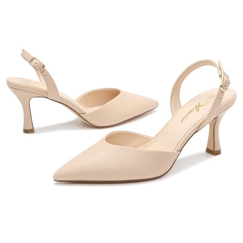 Athlefit Closed Pointed Toe Kitten Heels for Women Dress Work Wedding Party Slingback Pumps Shoes Nude, Size 9, SAPU2606W - Thumbnail 5