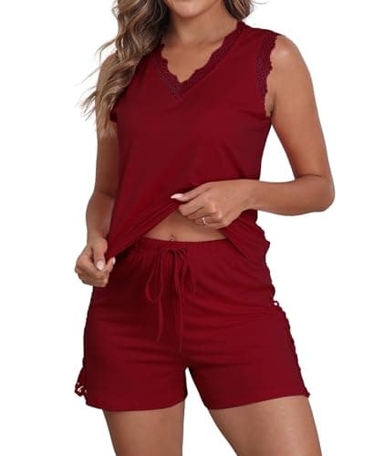 COSSEN Womens Pajama Sets Burgundy Small Sleeveless Soft Loose Fit Cute Teen Comfy Lounge Casual V Neck Girls' Summer Sleepwear Tops and Shorts 2 Piece PJS with Pockets - Image 1