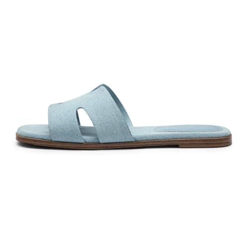 Rihero Women's Dressy Flat Sandals Square Open Toe Blue Sandals Comfortable Slip On Casual Summer Slides for Women Size 5.5 - Thumbnail 4