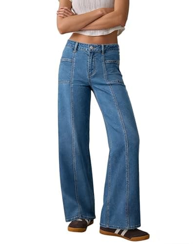Flvsun Women's High Waisted Wide Leg Jeans Strechy Straight Leg Baggy Jeans Denim Pants Trendy 2026 Mid Blue S - Image 1