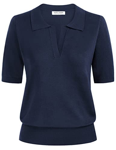 Kate Kasin Short Sleeve Sweaters for Women, V Neck Knit Tops, Business Casual Polo Shirts Navy Blue S - Image 1