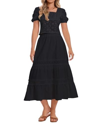 Ystguic Women's Casual Summer Spring Boho Lightweight Tiered Midi Cotton Skirt Ladies Eyelet Lace Embroidery Ruffle High Empire Waist Elasticated A Line Flowy Beach Skirts X-Large Black YG055 XL - Thumbnail 5