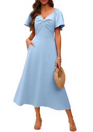 ECOWISH Womens Summer Maxi Dresses: 2026 Casual Flutter Short Sleeve Twist Front Long Flowy Wedding Guest Dress with Pockets 482Sky Blue S - Image 1