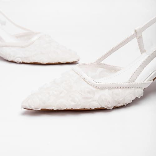 RUSAUISE Slingback Rose Flowers Kitten Heels Sandals for Women Pointed Close Toe Mesh Floral Low Heeled Buckle Strap Dressy Pump Shoes for Wedding Party White Size 8.5 - Thumbnail 2