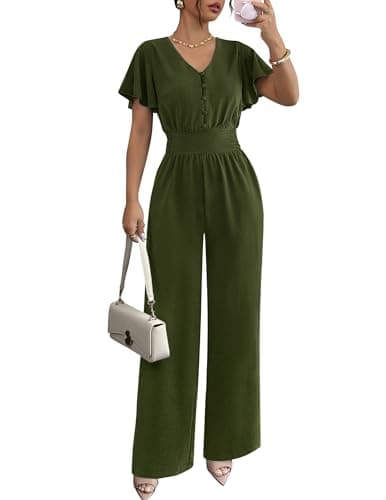 LOOKBOHO Womens Jumpsuits Dressy Casual Ruffle Short Sleeve V Neck 2026 Summer Wide Leg Romper One Piece Outfits - Image 1