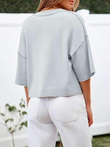 Cicy Bell Womens Half Sleeve Cardigan Sweaters Cropped Button Down Tops Oversized Lightweight Ribbed Knit Summer Outfits Grey Blue - Thumbnail 4