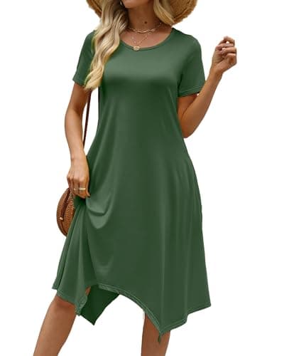 COSSEN Casual Summer Midi Dress for Women Green XX-Large 2026 Short Sleeve Crew Neck Flowy Beach Dress with Pockets - Image 1