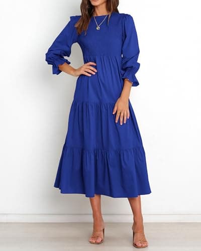 BTFBM Women Casual Long Sleeve Dress Fall Dresses 2025 Solid Color Relaxed Fit Smocked Tiered Flowy Boho Long Dresses(Solid Royal Blue,Medium) - Thumbnail 3
