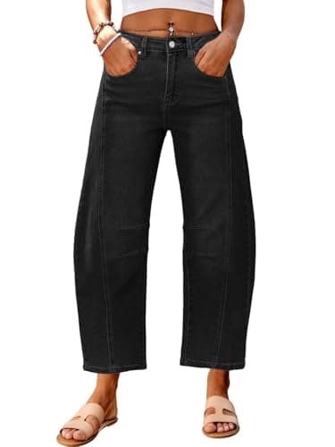 Genleck Barrel Jeans Women Wide Leg Cropped Jeans High Waisted Baggy Boyfriend Mom Denim Ankle Pants with Pockets（Nature Black,16） - Image 1