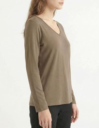 GAMISS Women's Top V Neck Tee Basic Solid Color Long Sleeve Underlayer Shirt Brown XL - Thumbnail 3