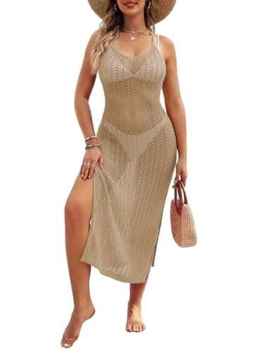 Pink Queen Halter Cover Ups for Swimwear Women Sarong Pool Party Hollow Out Bodycon Skinny High Slit Bathing Suits Coverup Light Brown M - Image 1