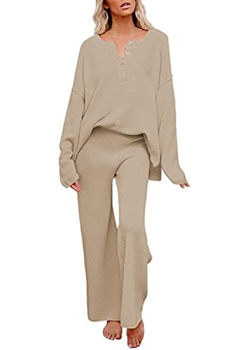 Pink Queen Women's 2 Piece Outfit Set Long Sleeve Button Knit Pullover Sweater Top and Wide Leg Pants Sweatsuit Khaki L - Image 1