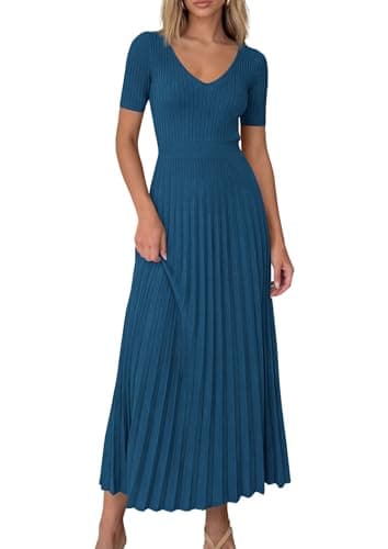 PRETTYGARDEN Women's 2026 Spring Midi Sweater Dresses Elegant Pleated Ribbed Knit Short Sleeve V Neck A Line Summer Outfits (Dark Blue,XX-Large) - Image 1
