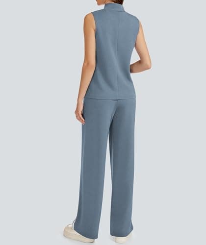 Casly Lamiit Lounge Wear for Women 2 Piece Set Travel Outfits Casual Sweat Suit Track Activewear Mock Neck Sleeveless Top Wide Leg Pants Grey Blue 2XL - Thumbnail 5