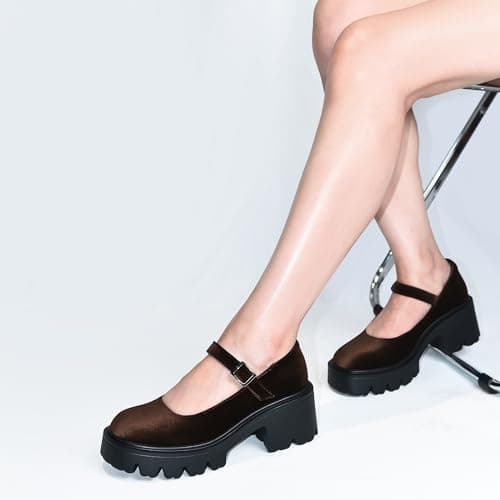 Elvora Women's Mary Jane Shoes - Platform Mary Janes for Women, Brown Velvet Round Toe Chunky Dress Shoes with Adjustable Ankle Strap - Thumbnail 2
