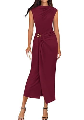 BTFBM Dresses for Women 2026 Summer Clothes Formal Bodycon Mock Neck Cap Sleeve Midi Party Cocktail Wedding Guest Dress(Wine Red, X-Large) - Image 1