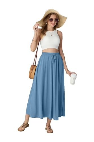 HiMONE Women's Satin Maxi Skirts High Waisted A Line Long Skirts Elegant Office Skirts Beach 2026 Blue L - Thumbnail 4