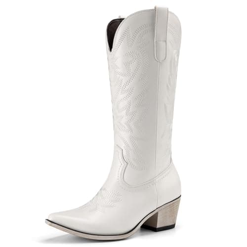 Athlefit Cowboy Cowgirl Boots for Women Fashion Low Chunky Heel Snip Toe Embroidery Western Mid Calf Boots White Size 7.5 - Image 1