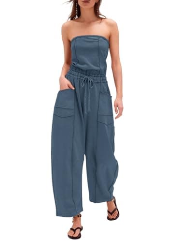 Sexyasasii Tube Top Jumpsuit for Women Strapless Summer Casual Off the Shoulder Long Barrel Pants One Piece Pull on Jumpsuits with Pockets - Image 1