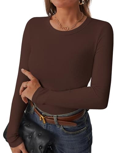 C.O.Z.Y Womens Long Sleeve Shirts Ribbed Crewneck Slim Fit Tops Casual Layering Basic Tee T-Shirt Trendy Outfits Brown - Thumbnail 2