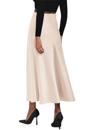 KIRUNDO Women Spring Summer Satin Maxi Skirt 2026 Trendy High Waisted Wedding Cocktail Party Work Silk A-Line Formal Skirts(Beige, Small) - Thumbnail 2