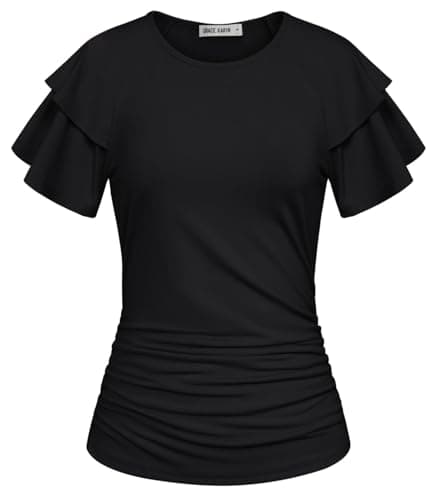 GRACE KARIN Summer Tops for Women Dressy Casual, Ruffle Short Sleeve Work Shirt, 2026 Spring Blouses Black XX-Large - Image 1