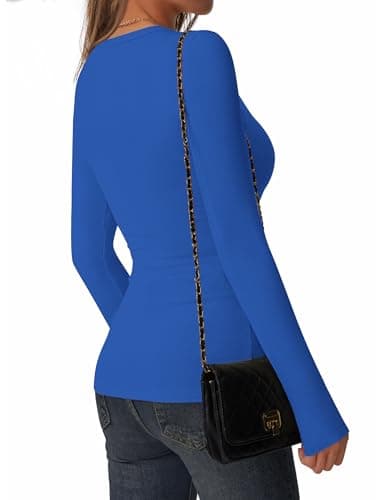 C.O.Z.Y Womens Long Sleeve Shirts Ribbed Crewneck Slim Fit Tops Casual Layering Basic Tee T-Shirt Trendy Outfits Royal Blue - Thumbnail 3