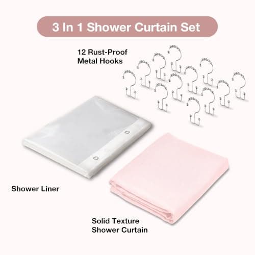Lameirose 3 in 1 Shower Curtain Set, Pink Shower Curtain and Liner Set with 12 Double Sided Shower Curtain Hooks, Cloth Shower Curtains for Bathroom,Waterproof, 72" W*72" H - Thumbnail 2