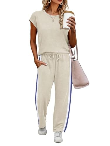 Casly Lamiit 2 Piece Sets for Women Summer Travel Sets Crew Neck Casual Pants Set Cap Sleeve Matching Sets Clothing Dark Beige XL - Image 1