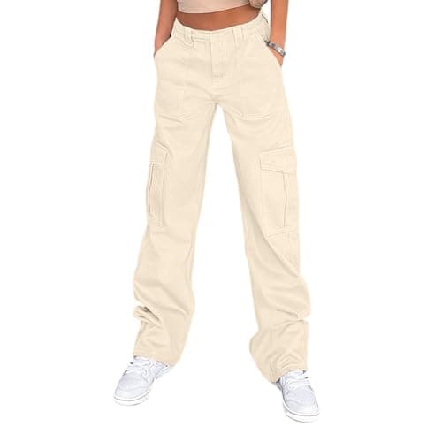 Lepunuo Women High Waisted Cargo Pants Wide Leg Casual Pants 6 Pockets Combat Military Trousers Beige - Image 1