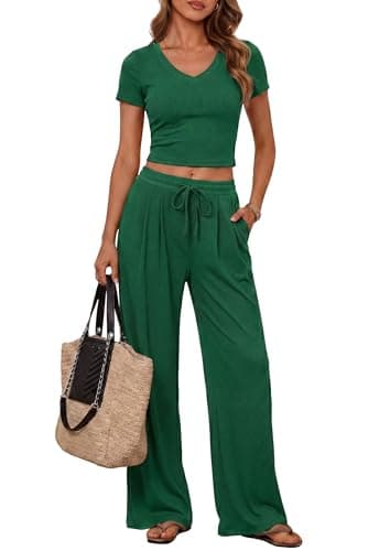 PRETTYGARDEN 2 Piece Sets for Women Summer 2026 Spring Lounge Set Matching V Neck Tops Wide Legs Pants Airport Travel Outfits (Green,X-Large) - Image 1