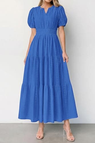 PRETTYGARDEN Womens Summer Maxi Dresses 2026 Casual Puff Sleeve V Neck Smocked Flowy Eyelet Cotton Dress Spring Sundress(Blue,X-Large) - Thumbnail 3