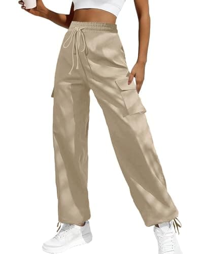 Bsubseach 2026 Linen Harem Cargo Pants Women Wide Leg Parachute Boho Drawstring High Waist Flowy Beach Outfits with Pockets(1 Khaki, XX-Large) - Image 1