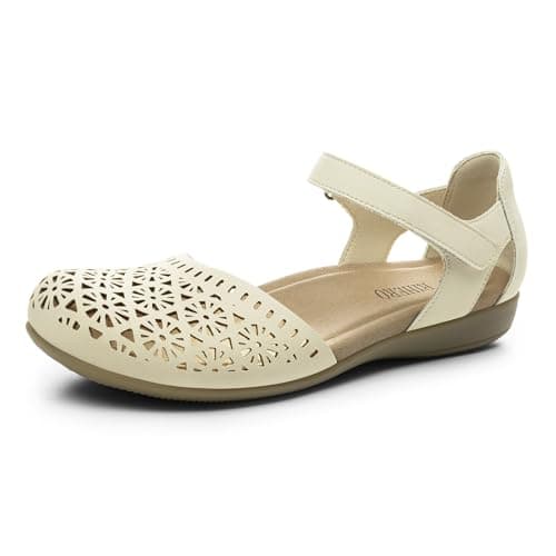 Rihero Women Closed Toe Sandals Summer Lightweight Arch Support Orthopedic Sandals with Ankle Strap Cushioned Footbed for Wedding Holidays Cream Hollow 7.5 - Image 1