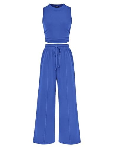 BTFBM Summer Outfits For Women 2026 Cropped Sleeveless Tank Tops Wide Leg Pants 2 Piece Sets Beach Lounge Set Clothing(Blue, XX-Large) - Image 1