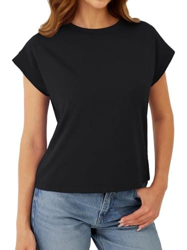GKBK Cotton Cap Sleeve Womens Tops Crop High Neck Short Sleeve Summer Cute Casual Shirts Boxy Spring Clothing Outfits Black - Thumbnail 2