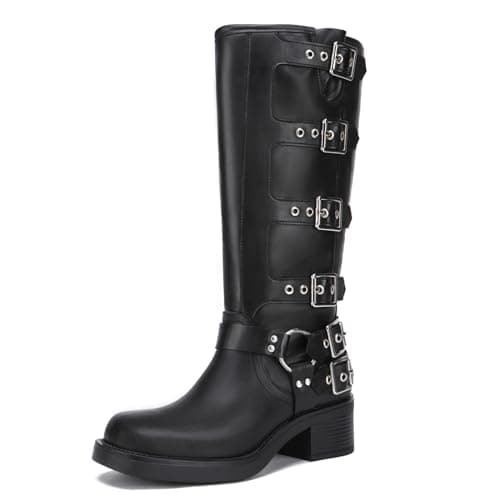 Athlefit Women's Knee High Riding Boots Fashion Buckle Square Toe Chunky Heel Wide Calf Biker Black Boots Size 5.5 - Image 1