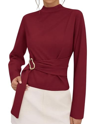 PRETTYGARDEN Women Blouses 2026 Fall Dressy Mock Neck Long Sleeve Work Shirts Buckle Belted Tunic Business Casual Tops(Burgundy,Large) - Image 1