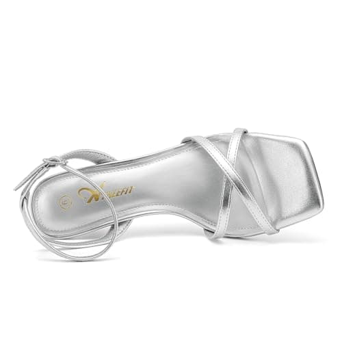 Athlefit Kitten Heels for Women Square Open Toe Strappy Heeled Sandals Ankle Strap Dress Silver High Heels for Prom Party Wedding Size 11 - Thumbnail 5