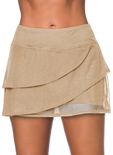 Aleumdr Women's Three Layered Waistband Ruffle Swimdress Swim Skirt Swimsuit Bottom Light Beige X-Large - Image 1