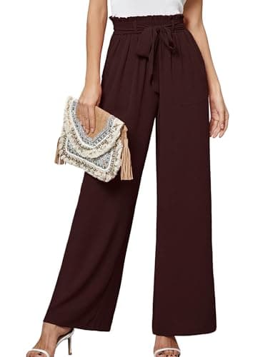 Heymoments Women's Wide Leg Pants with Pockets Dark Brown Medium Lightweight High Waisted Tie Knot Paperbag Dressy Palazzo Loose Paper Bag Comfy Business Casual Work Flowy Trousers - Image 1
