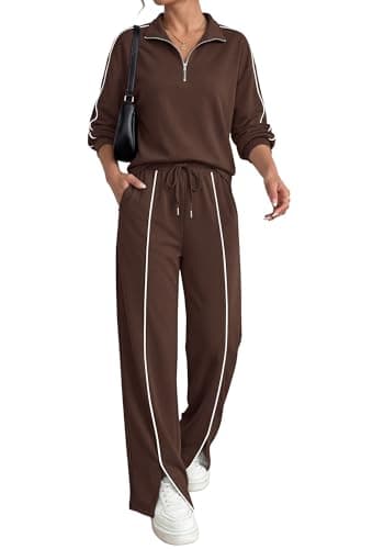 BTFBM Two Piece Sets for Women Fall Fashion 2026 Long Sleeve Half Zip Lounge Set Wide Leg Pants Vacation Airport Outfits (Brown,XX-Large) - Image 1