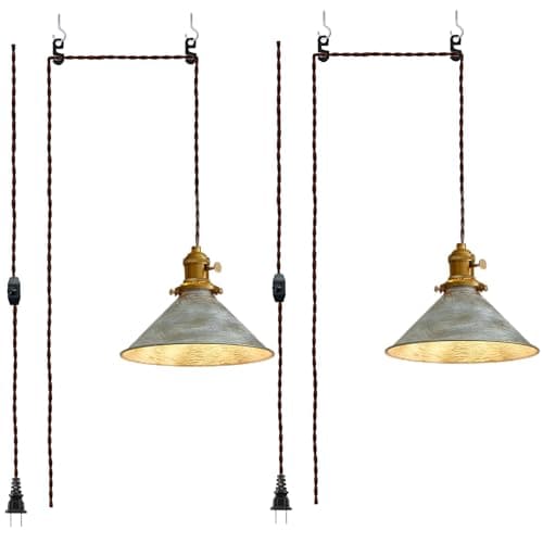 Oyisen Plug in Pendant Light, 8.2 Inch Silver Pendant Light Fixtures On/Off Switch, Adjustable 14Ft Light Cord Hanging Pendant Light for Kitchen Bedroom Restaurant 2 Pack - Image 1
