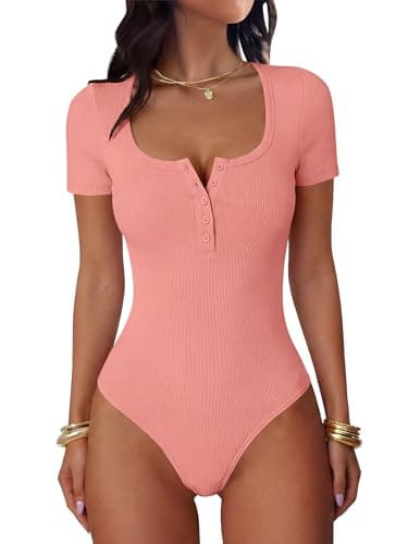 ANRABESS Bodysuits for Women short sleeve Tops Henley Scoop Neck Slim Fit Ribbed Knit Soft Basic Shirts 2026 Summer Outfits Coral X-Large - Image 1