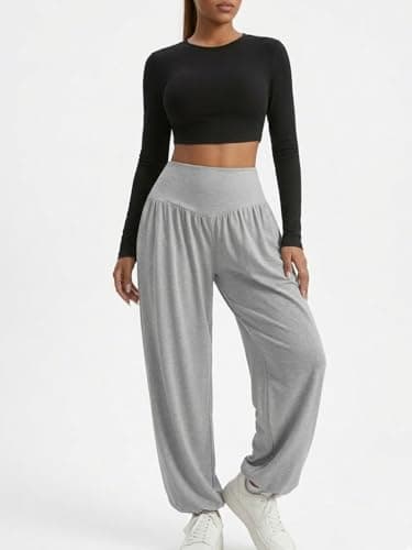 gaimoliso Womens Baggy Wide Leg Pants Plus Size Casual Loose Elastic Waisted Comfy Harem Pants with Pockets Grey - Thumbnail 2