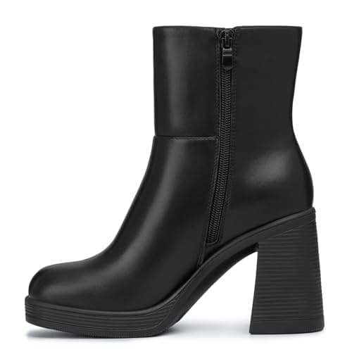 Athlefit Women's Platform Ankle Boots High Chunky Block Heel Black Boots Fashion Square Toe Zipper Heeled Booties Size 7.5 - Thumbnail 2