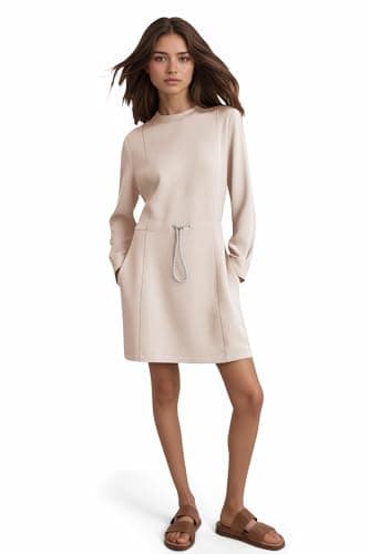 COCOMARTS Womens Casual Long Sleeve Crewneck Sweatshirt Dress Drawstring Waistband Tunic Tops Vacation Mini Dresses 2025 Fall Apricot Small - Thumbnail 5